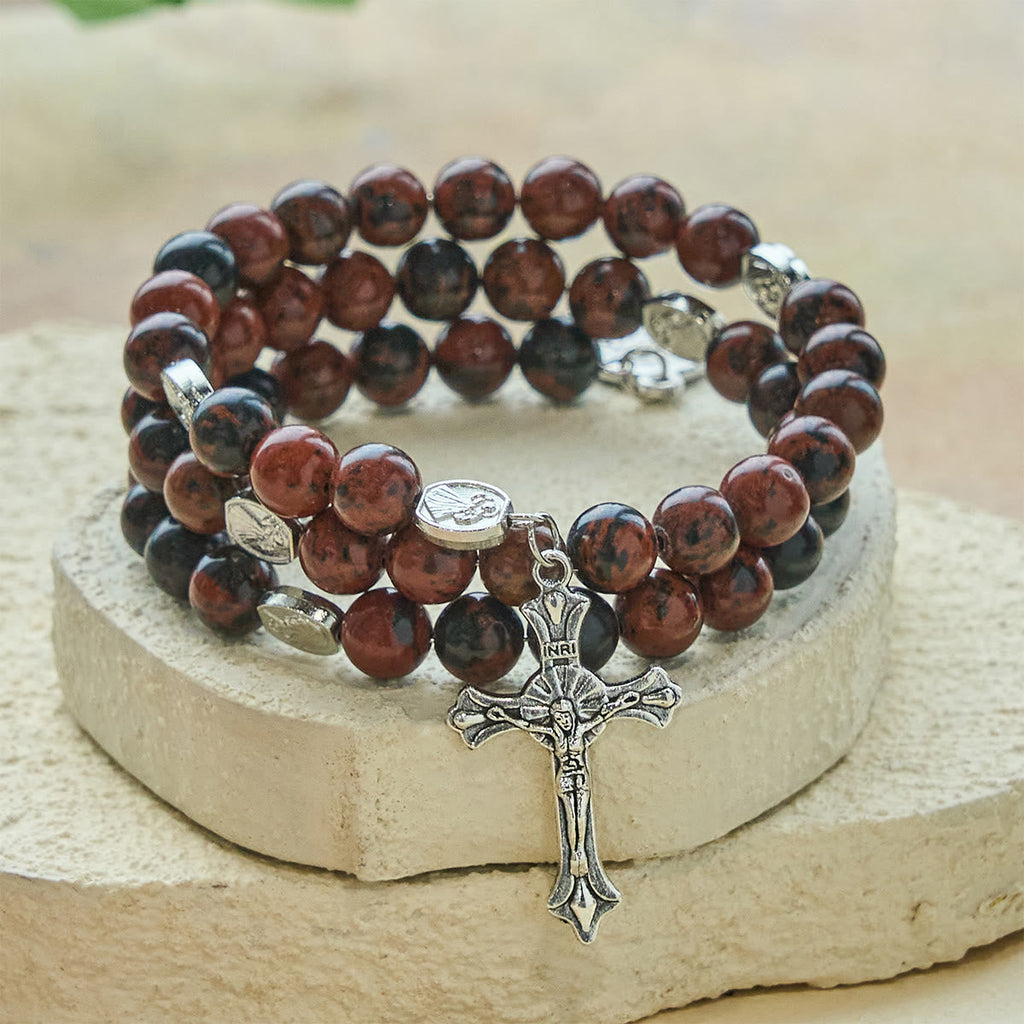 Natural Mahogany Obsidian Memory Wire Rosary Bracelet with Jesus