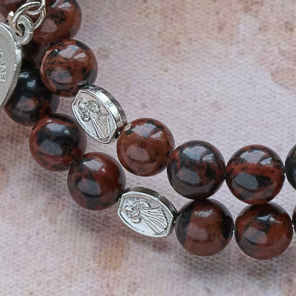 Natural Mahogany Obsidian Memory Wire Rosary Bracelet with Jesus