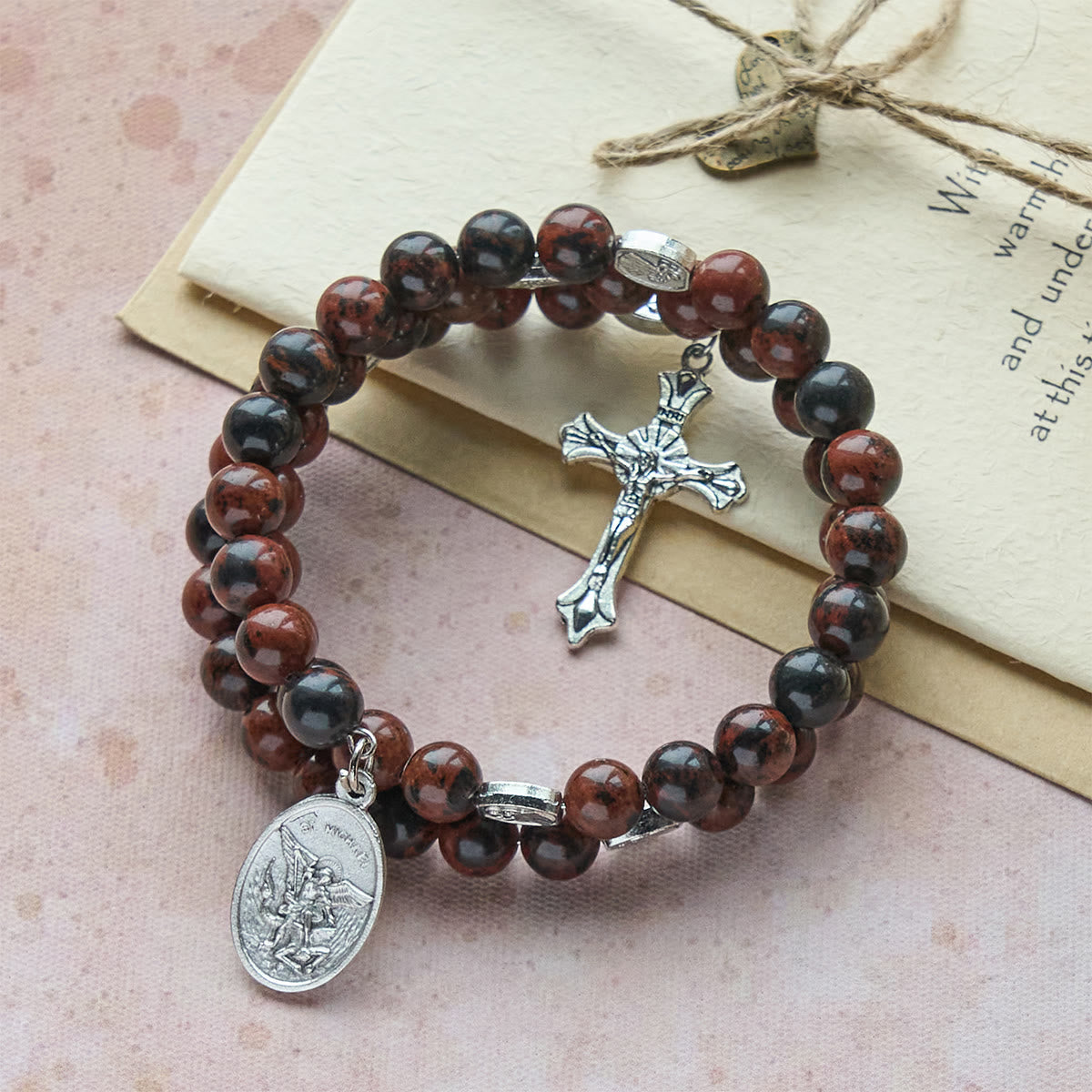Natural Mahogany Obsidian Memory Wire Rosary Bracelet with Jesus