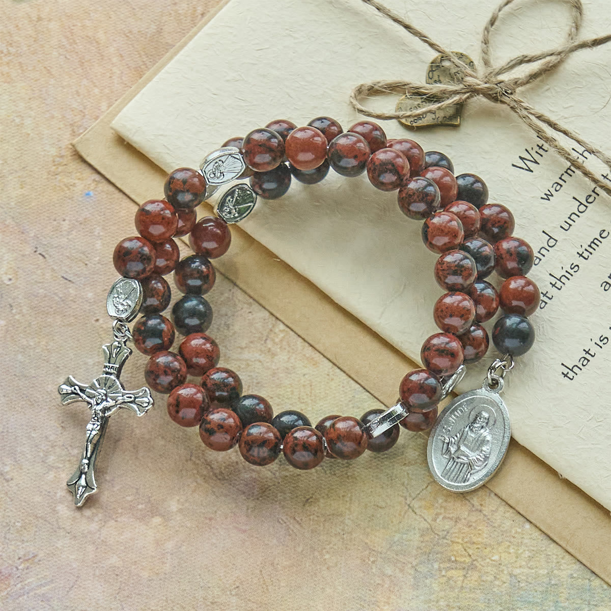 Natural Mahogany Obsidian Memory Wire Rosary Bracelet with Jesus