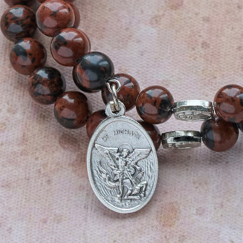 Natural Mahogany Obsidian Memory Wire Rosary Bracelet with Jesus