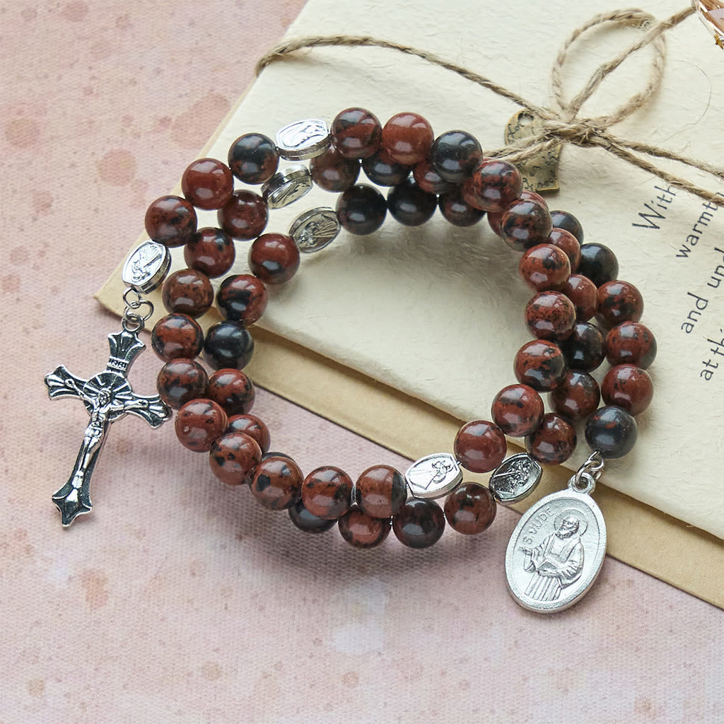Natural Mahogany Obsidian Memory Wire Rosary Bracelet with Jesus