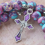 Purple Imperial Jasper Memory Wire Rosary Bracelet with Enamel Crucifix