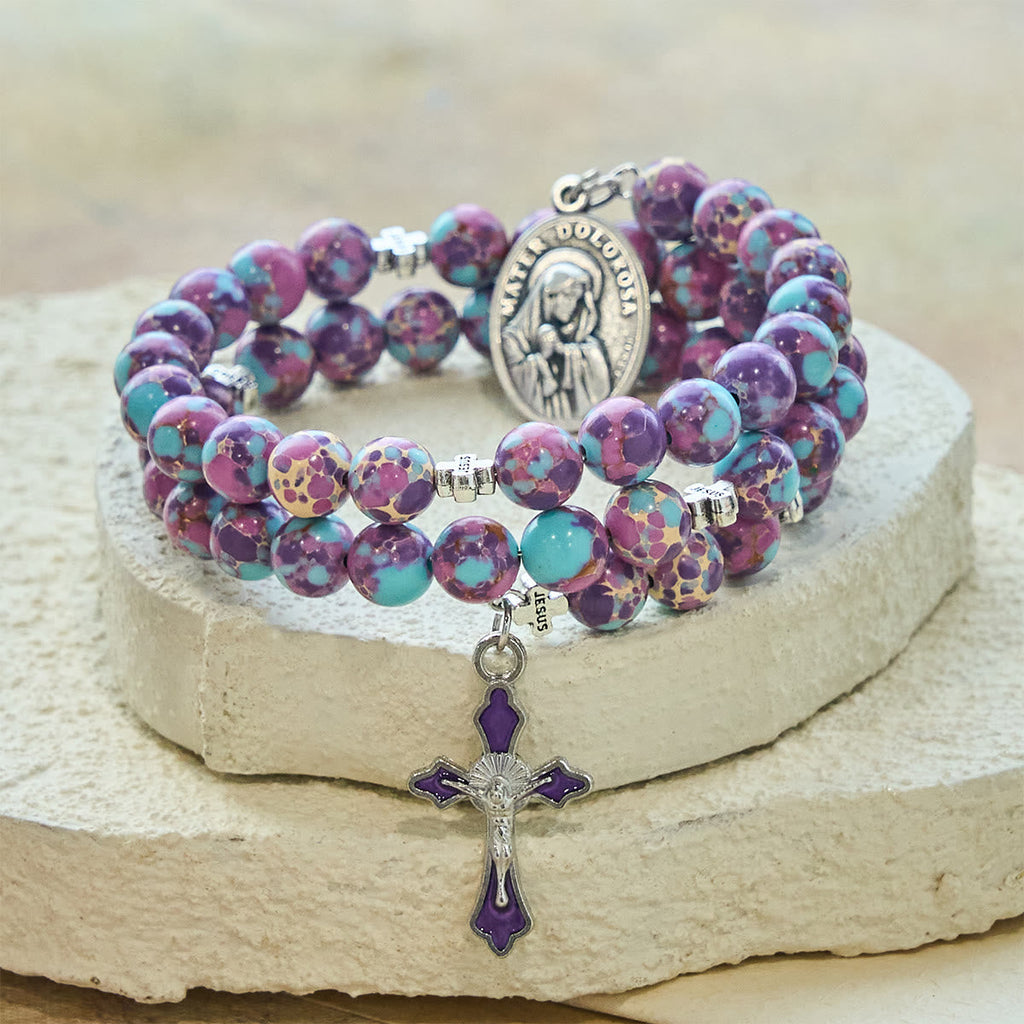 Purple Imperial Jasper Memory Wire Rosary Bracelet with Enamel Crucifix