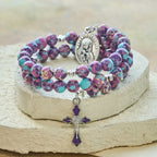 Purple Imperial Jasper Memory Wire Rosary Bracelet with Enamel Crucifix