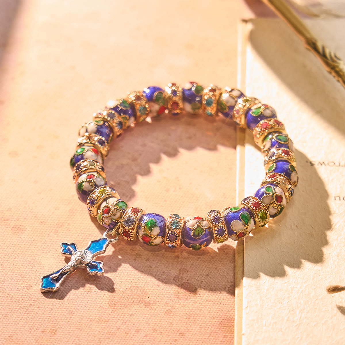 Detailed Blue Cloisonné Bead Bracelet with Crucifix