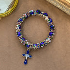 Detailed Blue Cloisonné Bead Bracelet with Crucifix