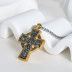 Ornate Dual - Tone Cross Necklace: Saint Icon & Angel - Detailed Artistry