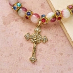 Devotional Tourmaline Sparkling Bracelet with Ornate Golden Crucifix