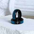 Modern Titanium Steel Cross Ring with Laser Blue Inlay: Serenity in Christ's Blue Light