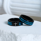Modern Titanium Steel Cross Ring with Laser Blue Inlay: Serenity in Christ's Blue Light