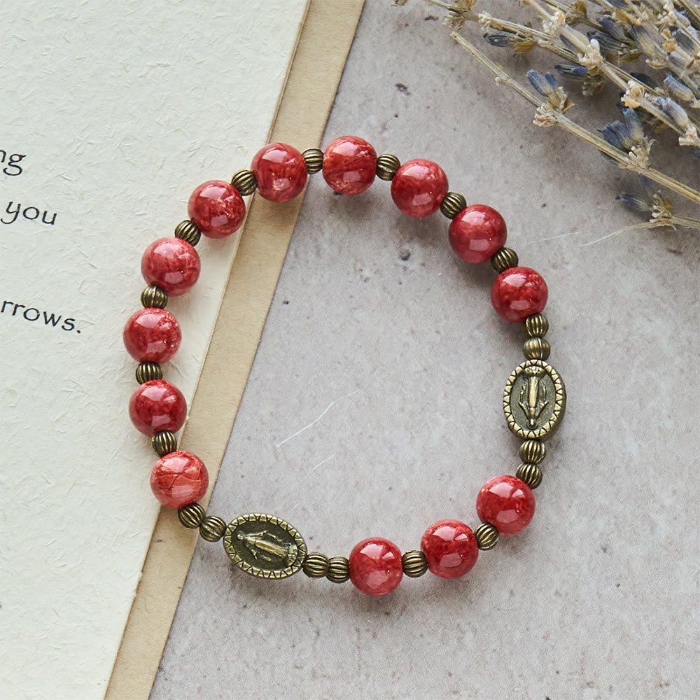 Vintage Red Green Glass Bracelet with Miraculous Medal: Faith & Grace Reminder for Daily Wear