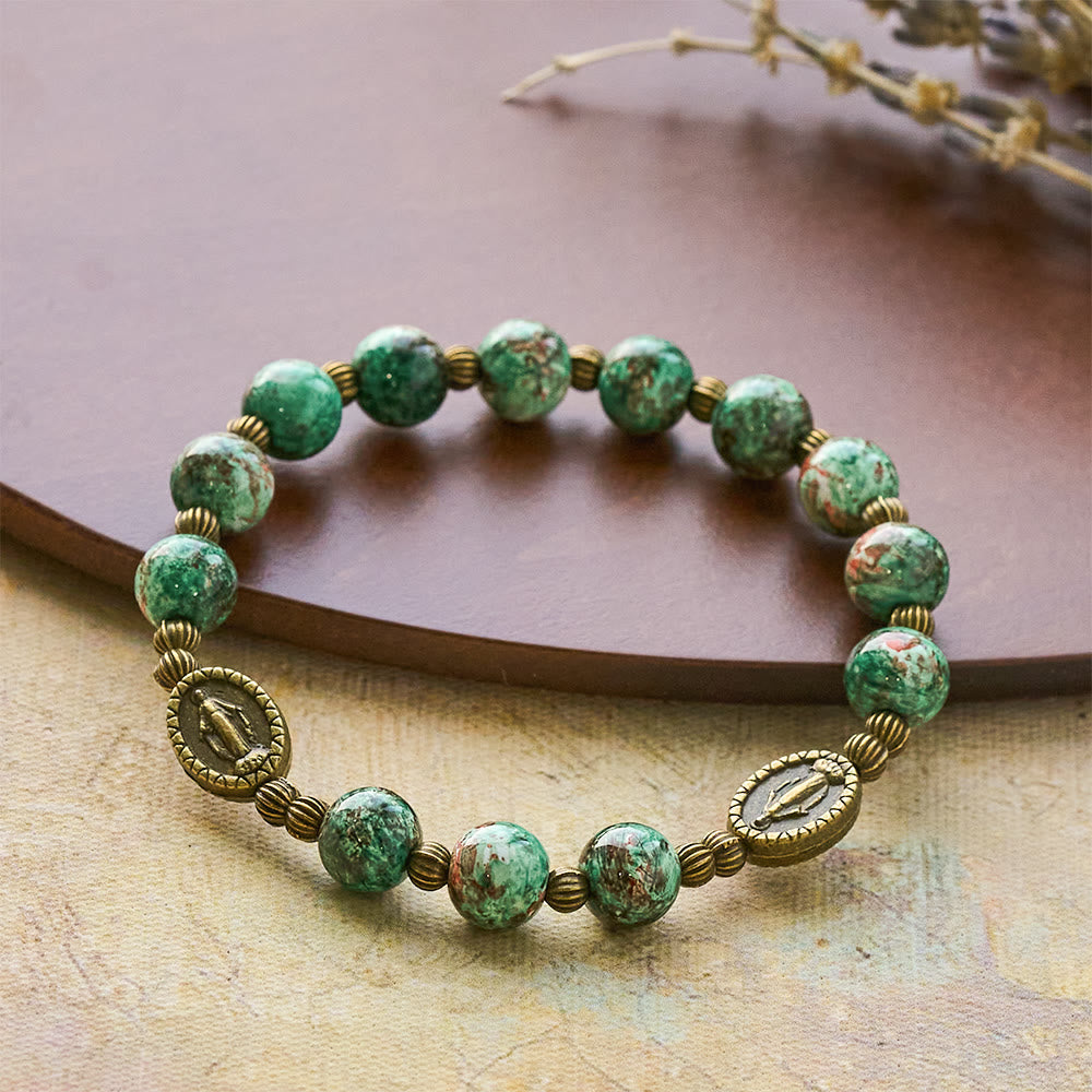 Vintage Red Green Glass Bracelet with Miraculous Medal: Faith & Grace Reminder for Daily Wear