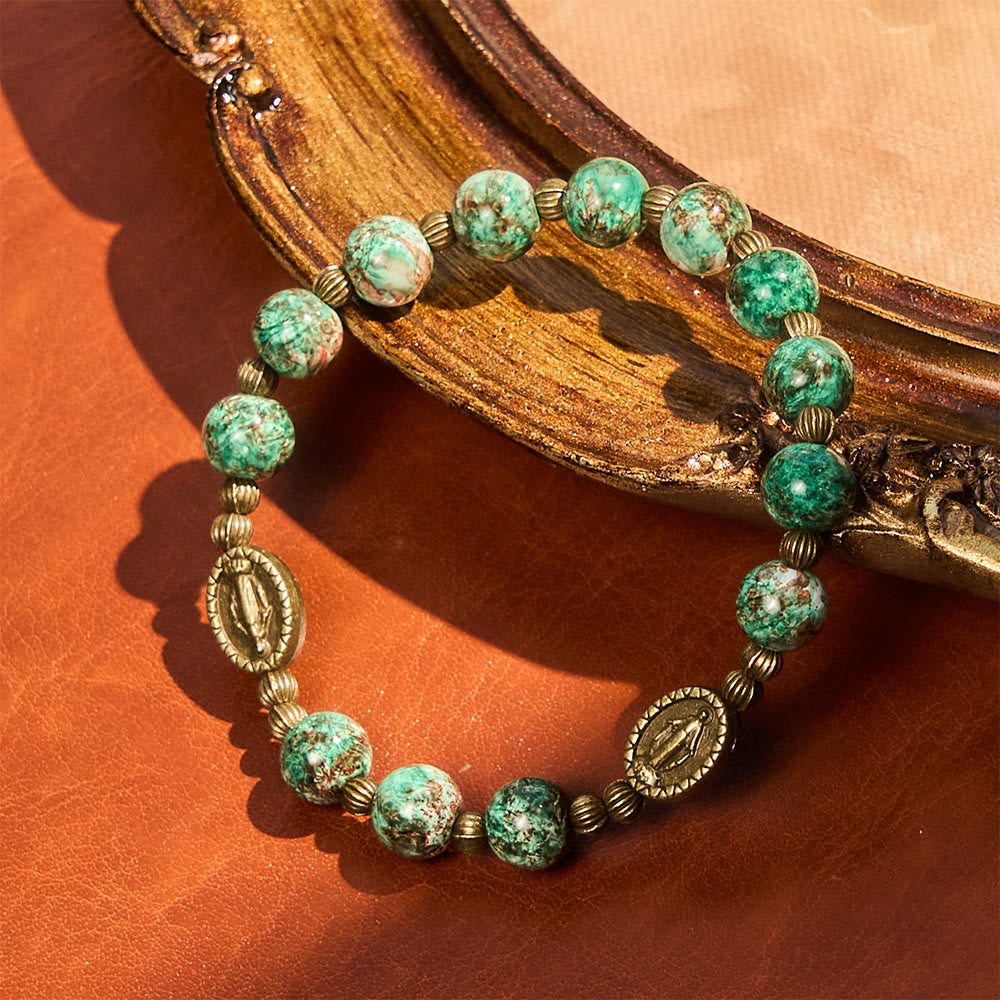 Vintage Red Green Glass Bracelet with Miraculous Medal: Faith & Grace Reminder for Daily Wear