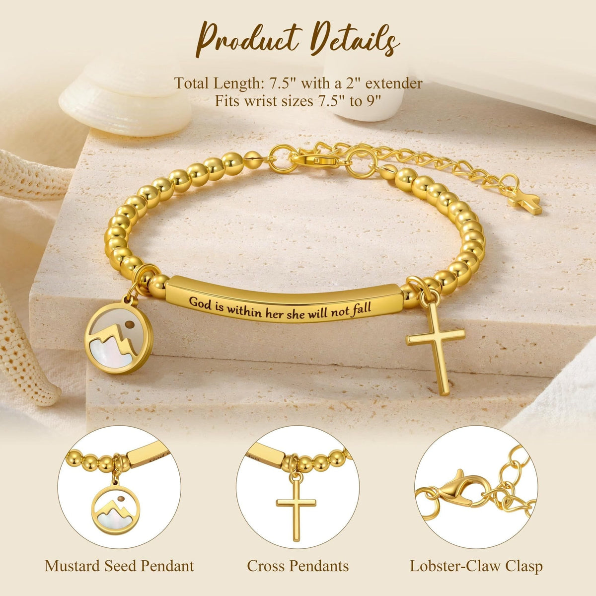 Mustard Seed & Golden Bead Cross Bracelet with God Is Within Her Gift Card