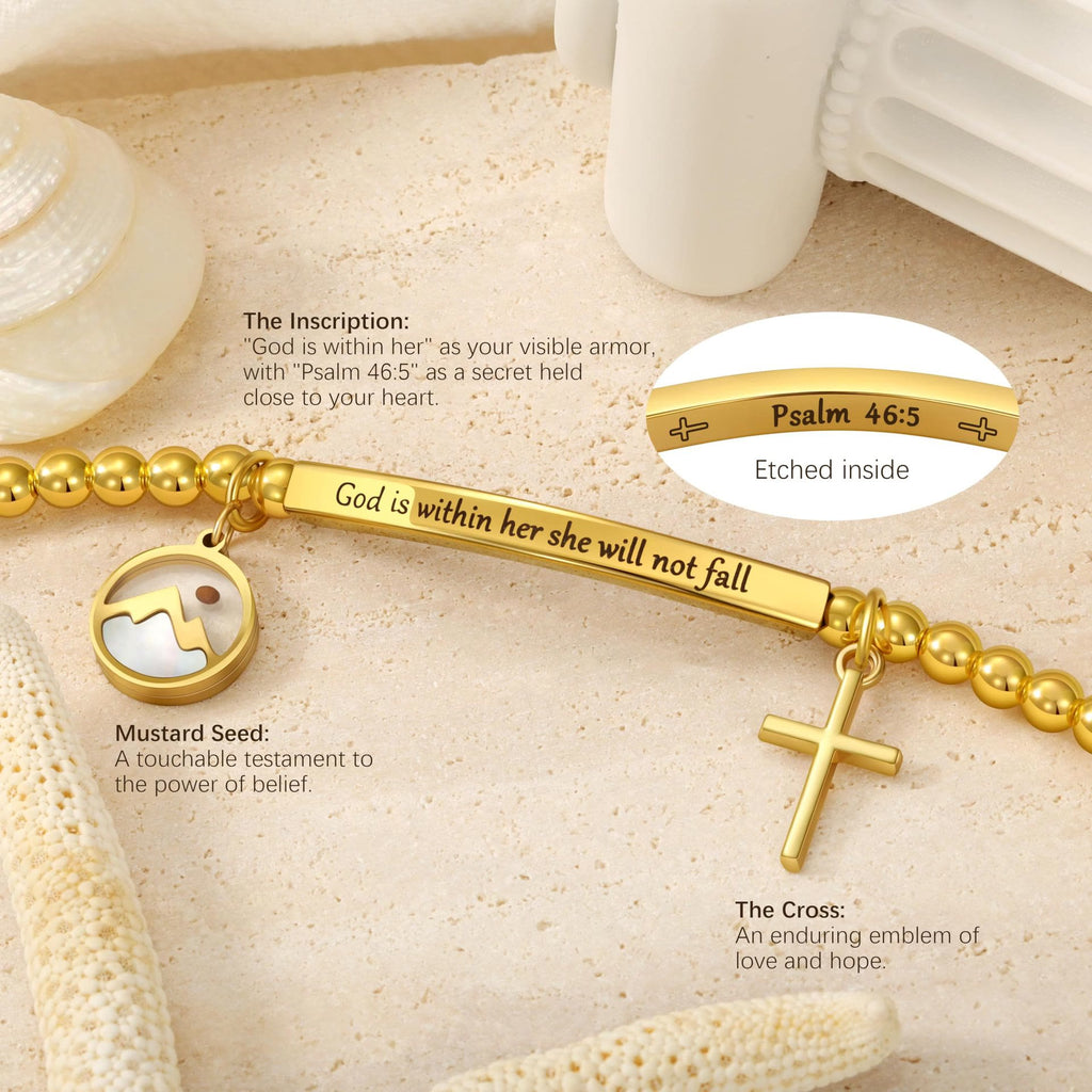 Mustard Seed & Golden Bead Cross Bracelet with God Is Within Her Gift Card