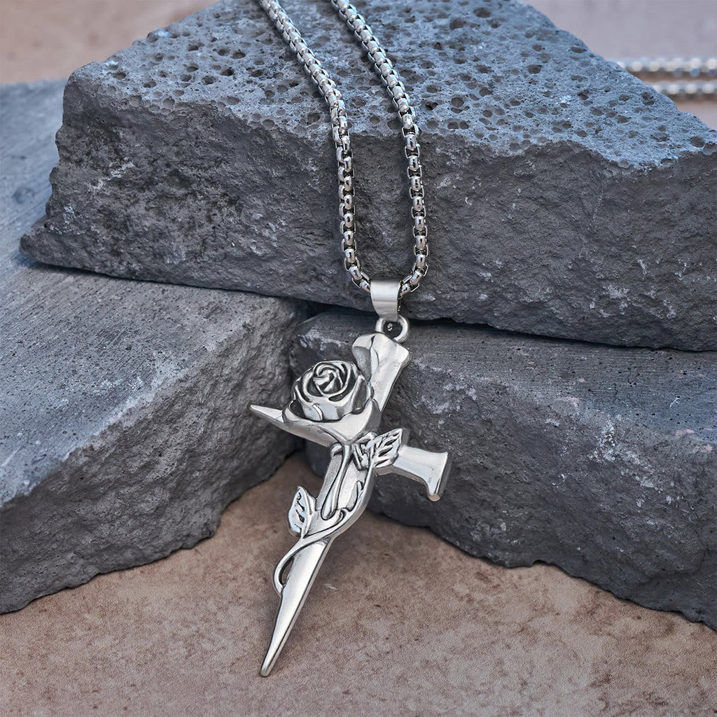 Rose Wrapped Cross Faith Necklace with Gothic Floral Design