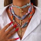 Vibrant Pattern Scarf with Cross Necklace Series: Graceful Devotion for Daily Wear