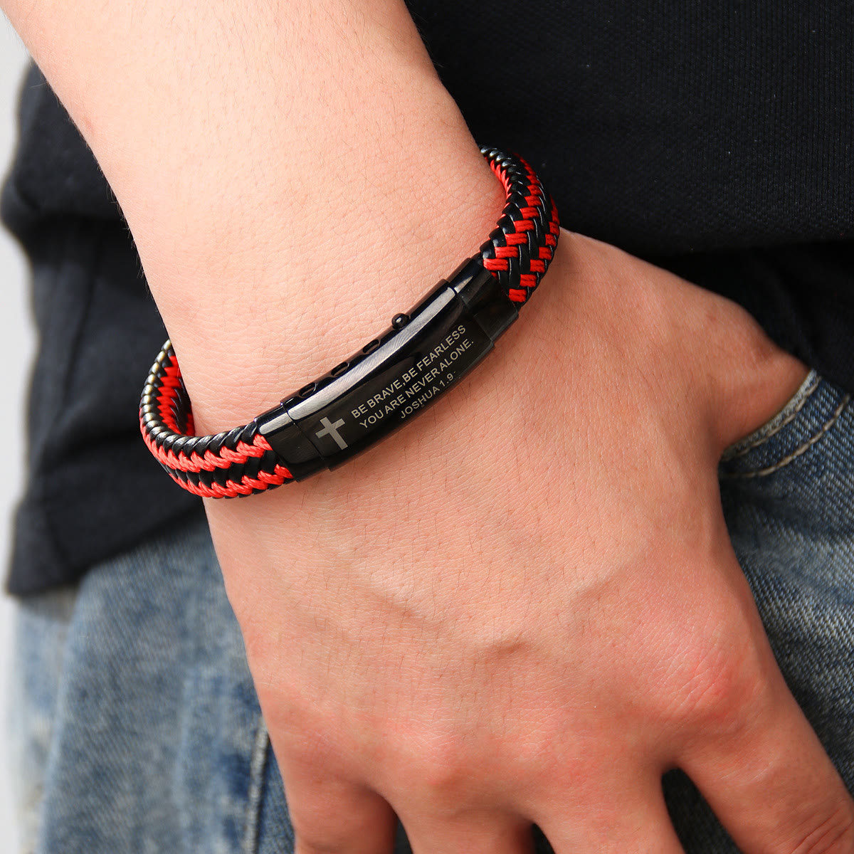 Joshua 1:9 Woven Leather Cross Bracelet: Bold Courage for Daily Wear