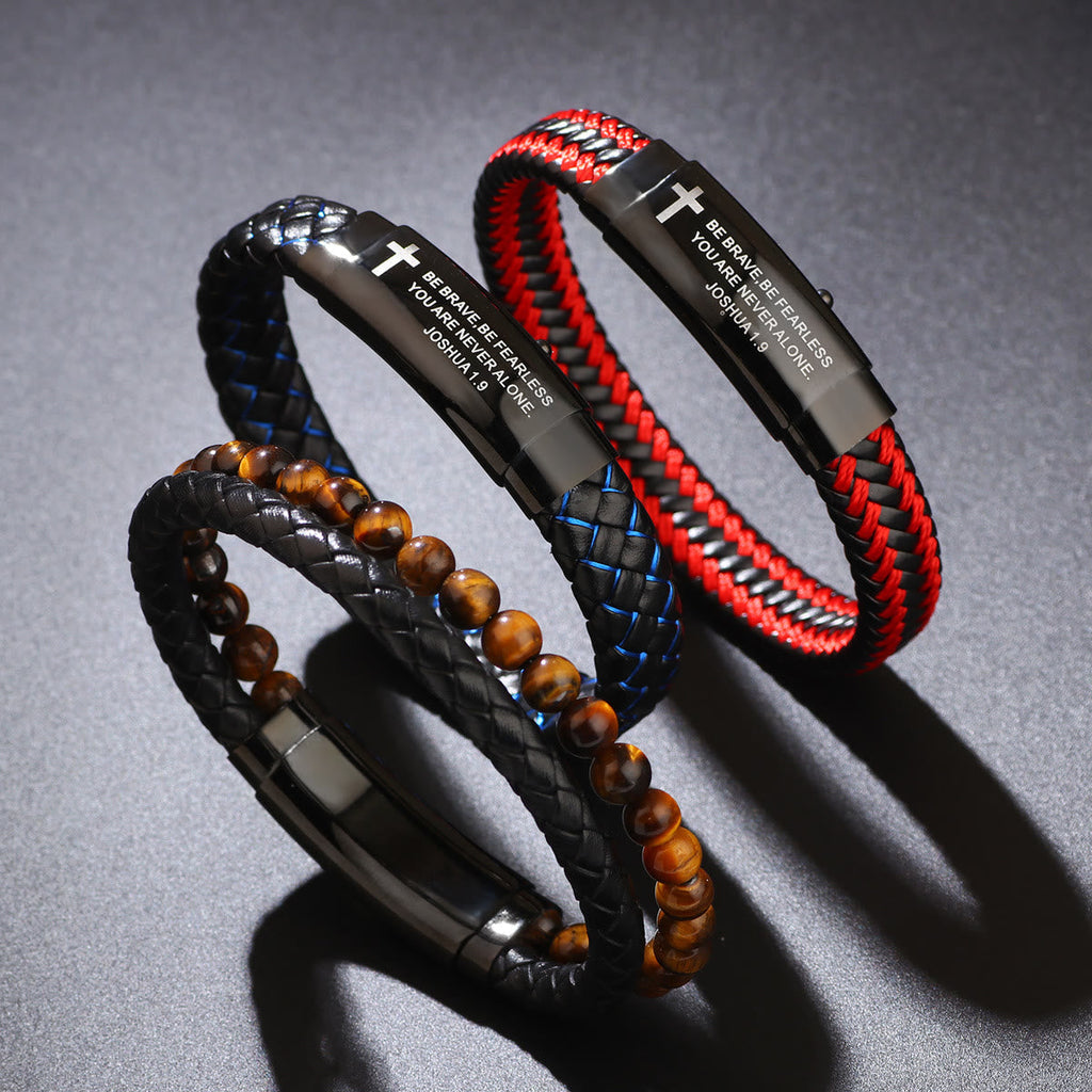 Joshua 1:9 Woven Leather Cross Bracelet: Bold Courage for Daily Wear