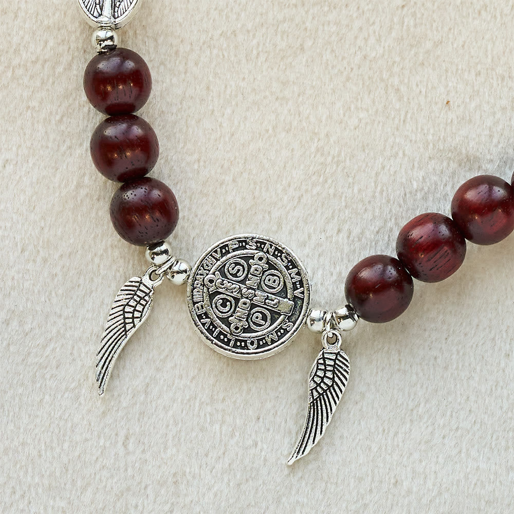 Miraculous Medal & Angel Wing Blood SandalWood Bead Bracelet