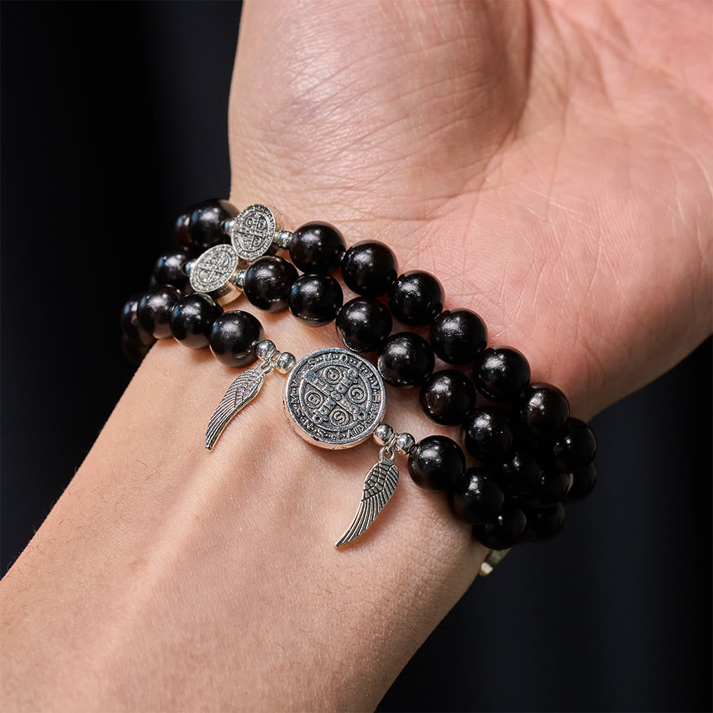 St. Benedict & Miraculous Medal Wooden Bead Dual Guardian Bracelet