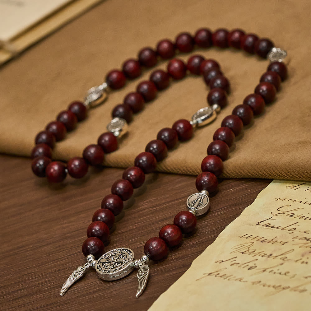 St. Benedict & Miraculous Medal Wooden Bead Dual Guardian Bracelet