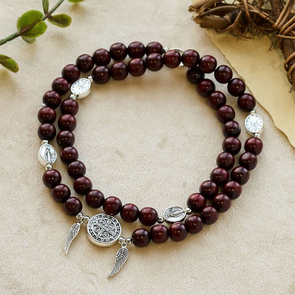 St. Benedict & Miraculous Medal Wooden Bead Dual Guardian Bracelet