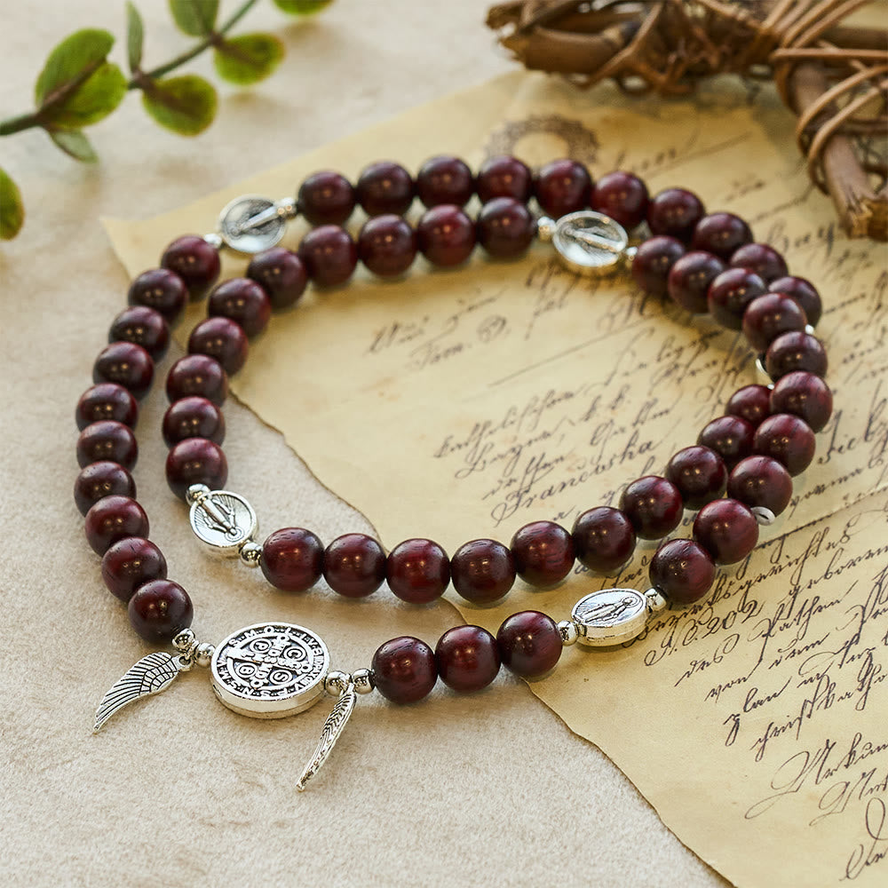 St. Benedict & Miraculous Medal Wooden Bead Dual Guardian Bracelet
