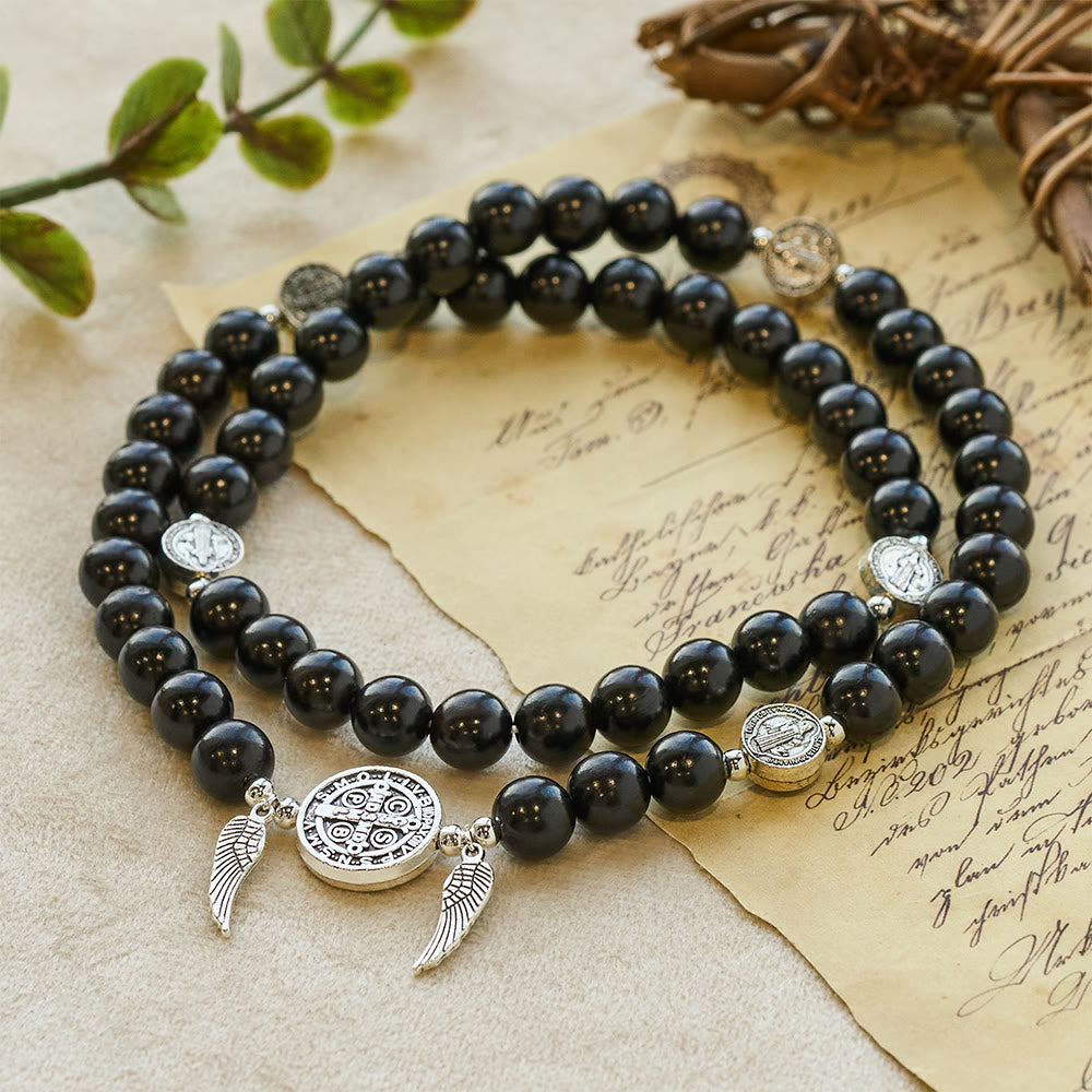 St. Benedict & Miraculous Medal Wooden Bead Dual Guardian Bracelet