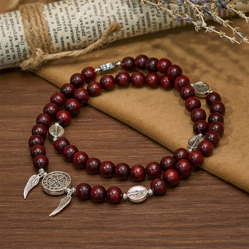 St. Benedict & Miraculous Medal Wooden Bead Dual Guardian Bracelet