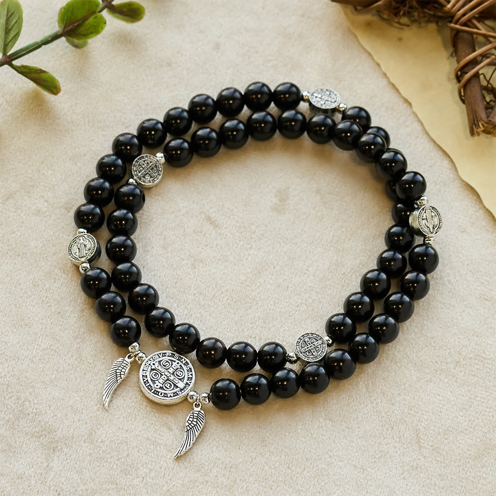 Miraculous Medal & Angel Wing Blood SandalWood Bead Bracelet