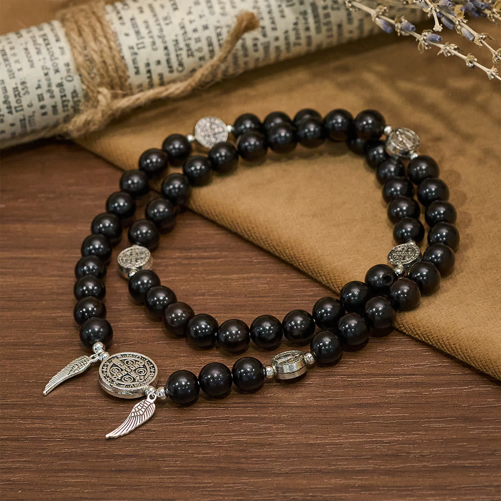 Miraculous Medal & Angel Wing Blood SandalWood Bead Bracelet
