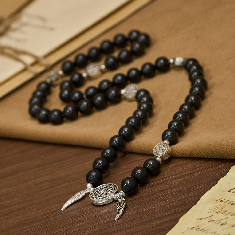 Miraculous Medal & Angel Wing Blood SandalWood Bead Bracelet