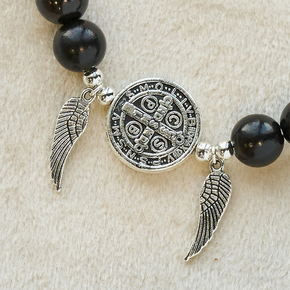 Miraculous Medal & Angel Wing Blood SandalWood Bead Bracelet