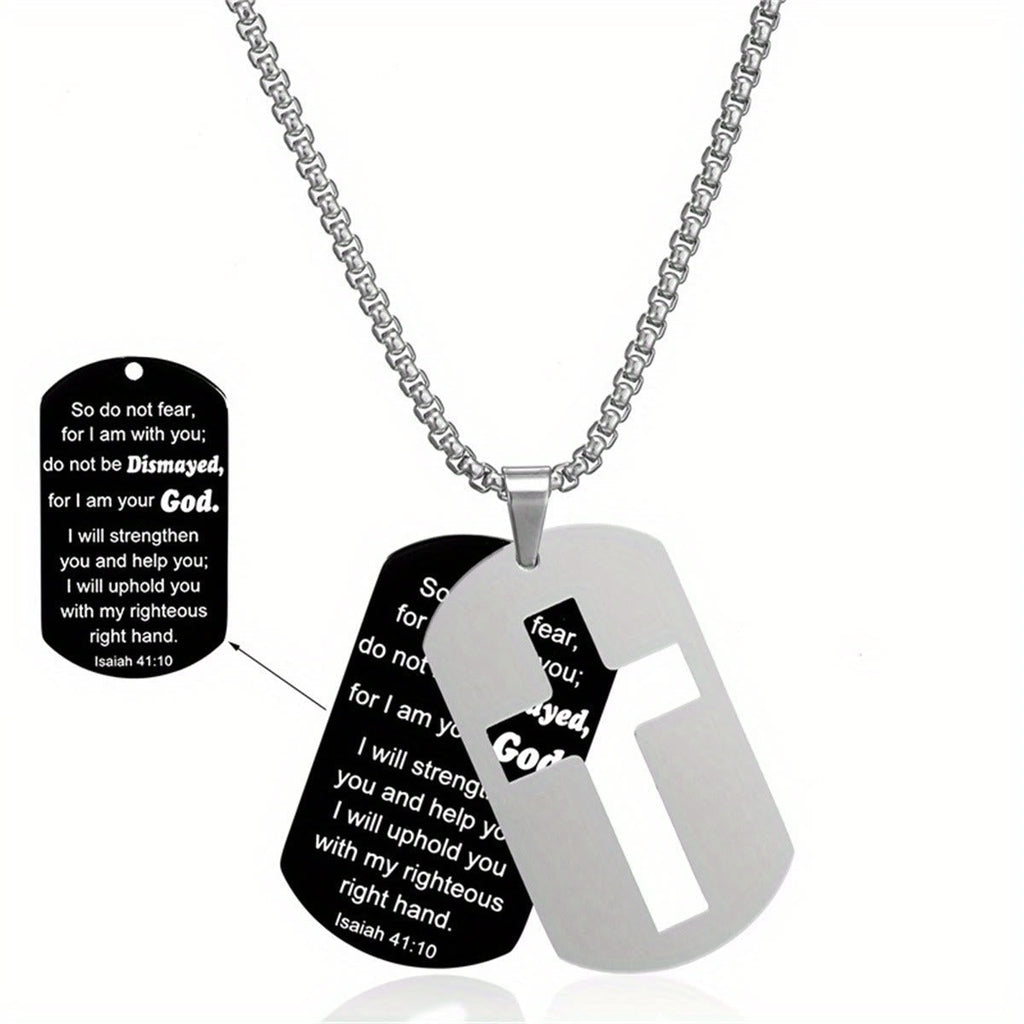 Polished Metal Cross Cutout & Engraved Verse Necklace: Carry His Promise Close Daily
