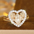 Heart-Shaped Our Lady Motif Ring with Rose Accents: Carry Her Care in Daily Wear