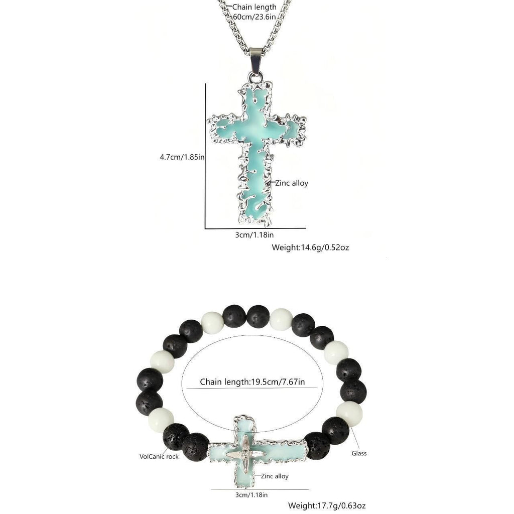 3-Color Luminous Cross Necklace & Beaded Bracelet Set: Remind of His Quiet Light