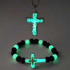 3-Color Luminous Cross Necklace & Beaded Bracelet Set: Remind of His Quiet Light