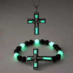 Glow-in-the-Dark Cross Jewelry Set with Volcanic Stone: Hold His Grace Close After Dark
