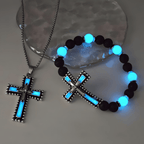 Glow-in-the-Dark Cross Jewelry Set with Volcanic Stone: Hold His Grace Close After Dark