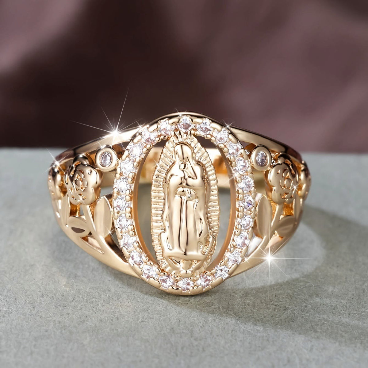 Our Lady Ring with Encircled Zircons & Floral Accents: Embody Her Tender Grace