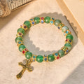 Frosted Green Agate & White Glass Cross Bracelet: Gentle Faith in Luminous Texture