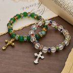Frosted Green Agate & White Glass Cross Bracelet: Gentle Faith in Luminous Texture