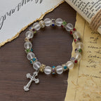 Frosted Green Agate & White Glass Cross Bracelet: Gentle Faith in Luminous Texture