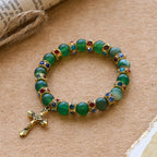 Frosted Green Agate & White Glass Cross Bracelet: Gentle Faith in Luminous Texture