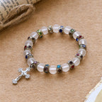 Frosted Green Agate & White Glass Cross Bracelet: Gentle Faith in Luminous Texture