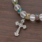 Frosted Green Agate & White Glass Cross Bracelet: Gentle Faith in Luminous Texture