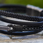 Tri - Color Stainless Steel Cross & Braided Leather Fashion Bracelet