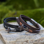Tri - Color Stainless Steel Cross & Braided Leather Fashion Bracelet